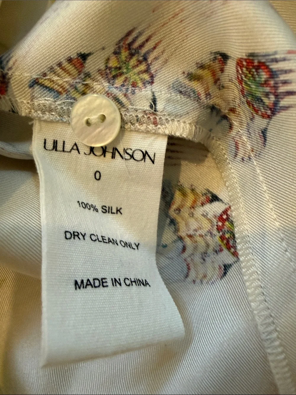 Ulla Johnson Ivory Floral Tie-Neck Blouse with Blue & Lime Motif